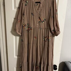 fig and flower Taupe Maxi Dress with Multicolor Floral Embroidery